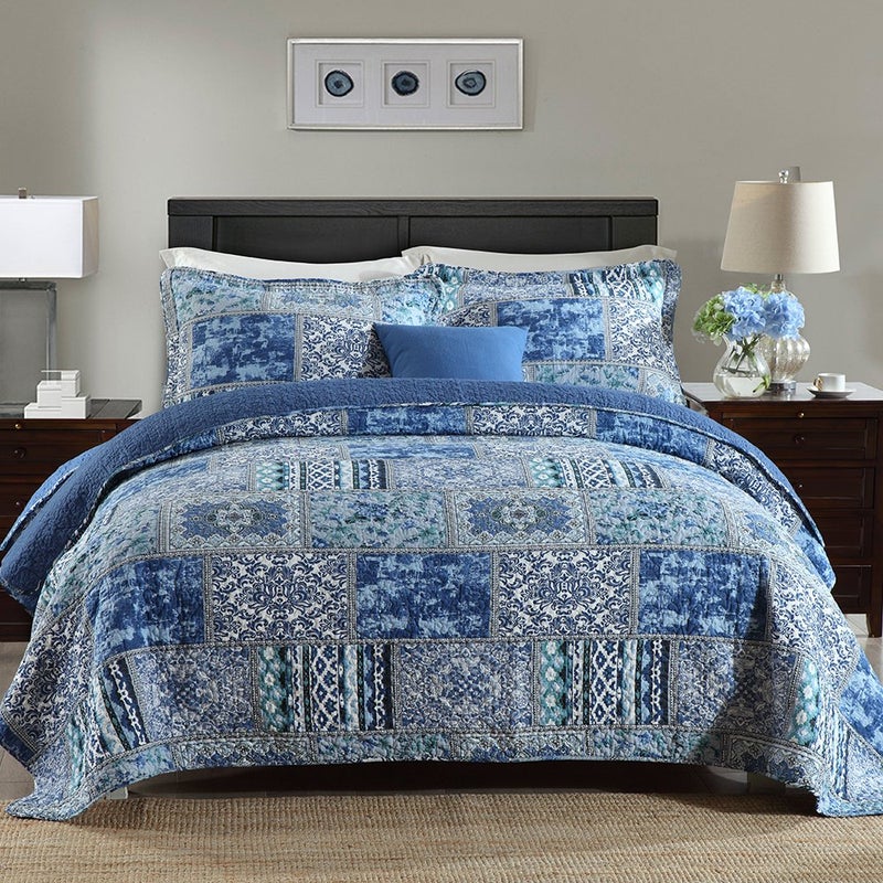 NEWLAKE Cotton Bedspread Quilt Sets-Reversible Patchwork Coverlet Set, Blue Classic Bohemian Pattern,Queen Size - Image 1